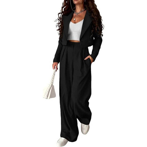 Kirundo Casual Blazer Women Black Two Piece Outfits Business Wide Leg Pants Suit - Picture 1 of 5